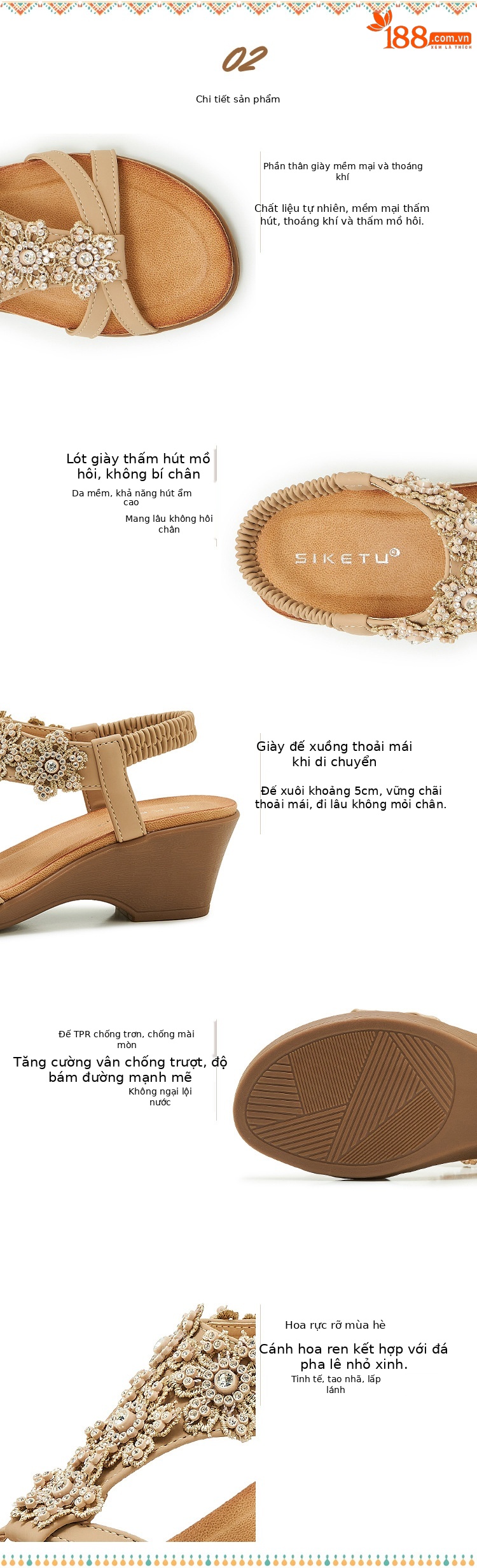 Sandal đế xuồng đính đá hoa nữ gót cao 9 cm — màu đen, trắng, quả mơ chi tiết 3
