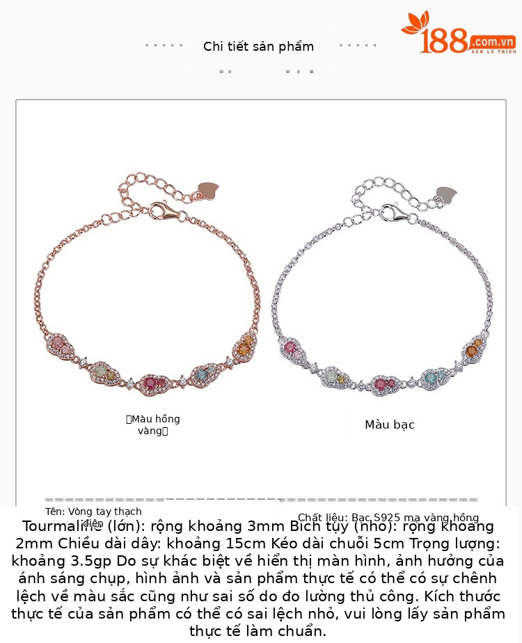 Vòng tay nữ bạc S925 mạ vàng hồng đính tourmaline nhiều màu phong cách Trung Quốc — Mẫu bạc (màu tourmaline là ngẫu nhiên) chi tiết 1