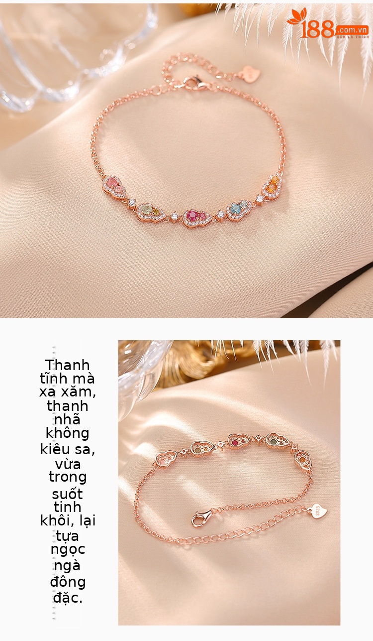 Vòng tay nữ bạc S925 mạ vàng hồng đính tourmaline nhiều màu phong cách Trung Quốc — Mẫu bạc (màu tourmaline là ngẫu nhiên) chi tiết 2