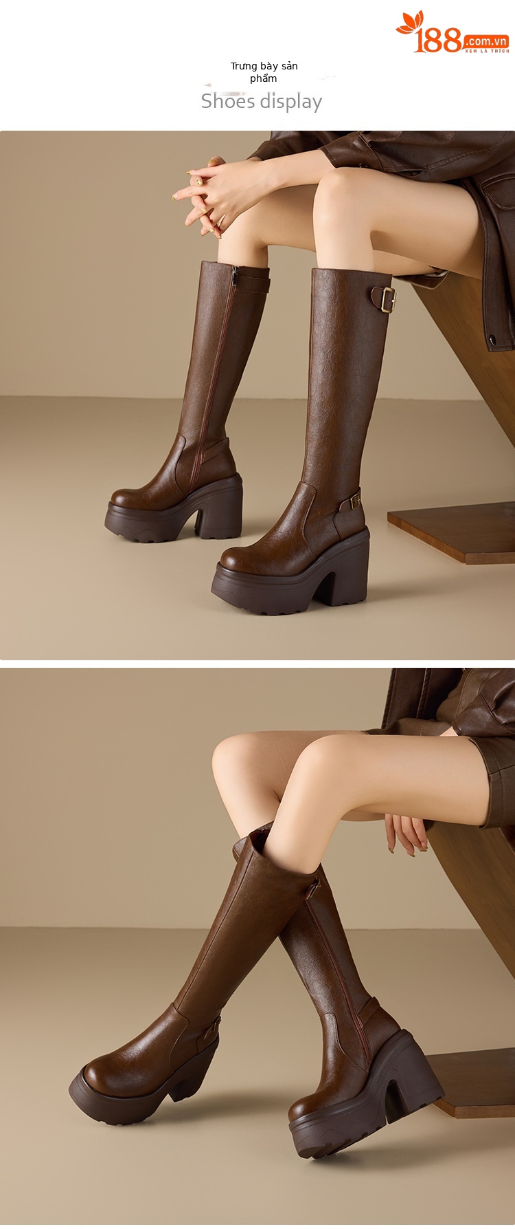 Boot nữ cổ thấp gót dày 12 cm phong cách Anh, đi xe máy — nhung nâu chi tiết 2