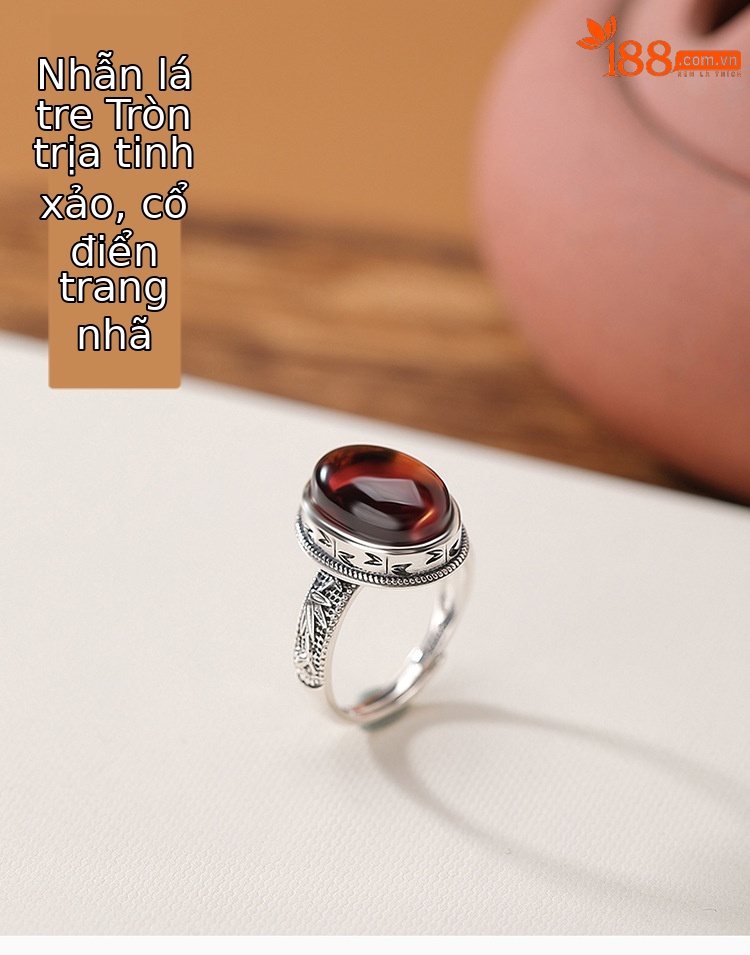 Nhẫn bạc S925 đính hổ phách đỏ phong cách vintage lá tre hình học cabochon mở điều chỉnh — Một mảnh chi tiết 1