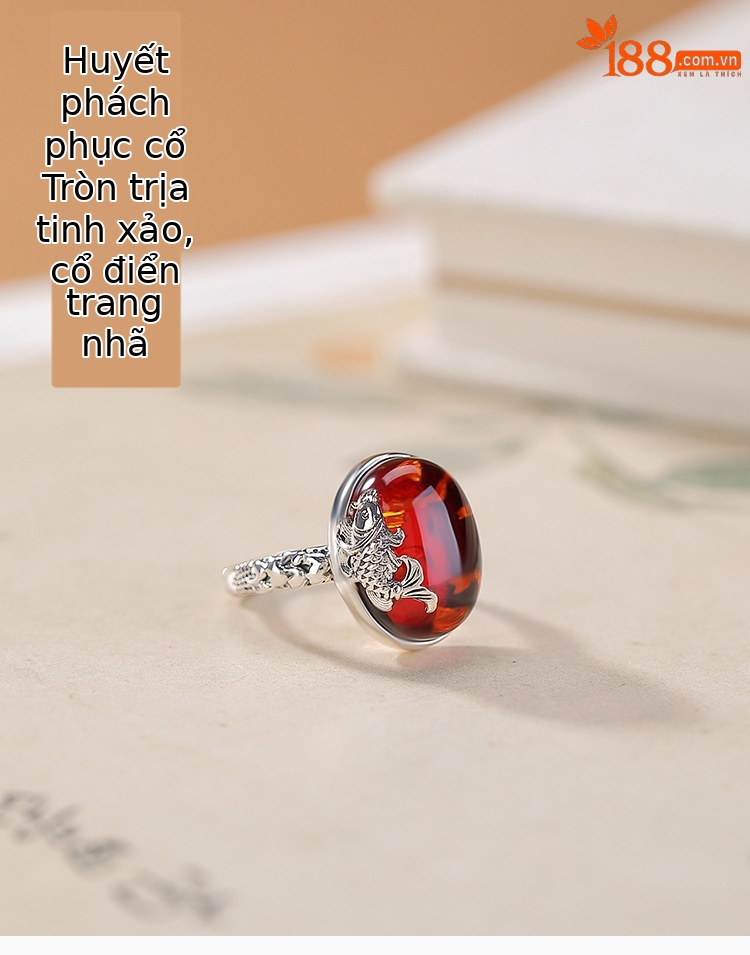 Nhẫn bạc S925 đính hổ phách đỏ hình cá chép phong cách retro vintage mở có thể điều chỉnh — Một mảnh chi tiết 1