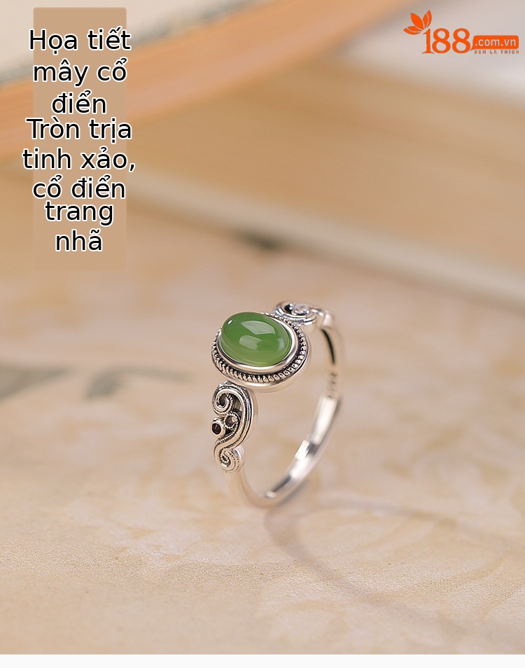 Nhẫn bạc S925 đính ngọc Hetian Jasper cabochon họa tiết đám mây phong cách Trung Hoa vintage — một mảnh chi tiết 1