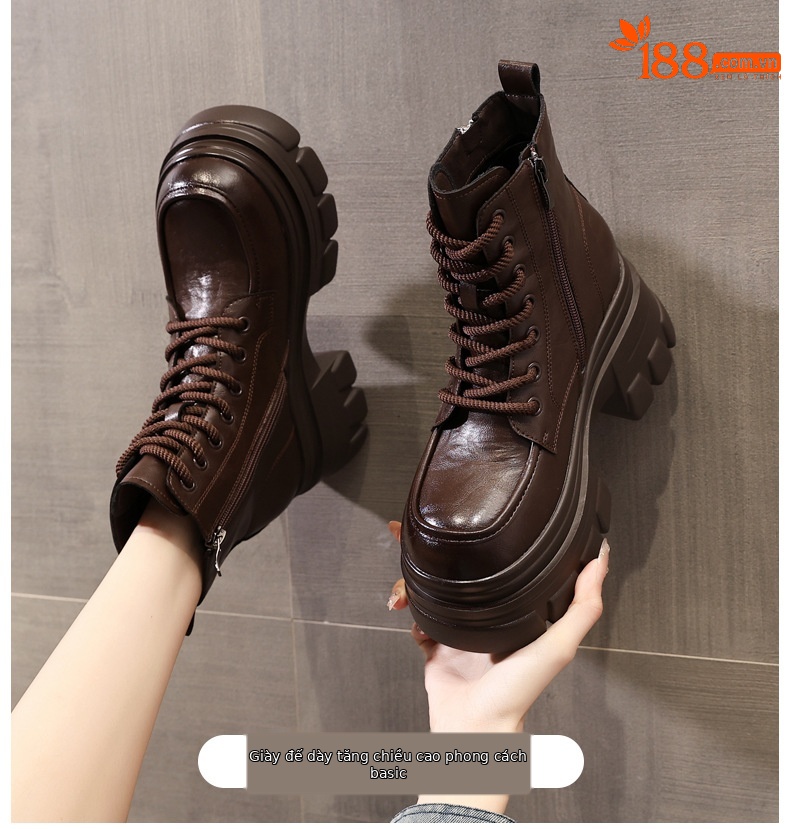 Boot nữ kiểu Anh đế dày nâng chiều cao, cổ ngắn, phong cách retro — Lớp lót nhung đen chi tiết 1