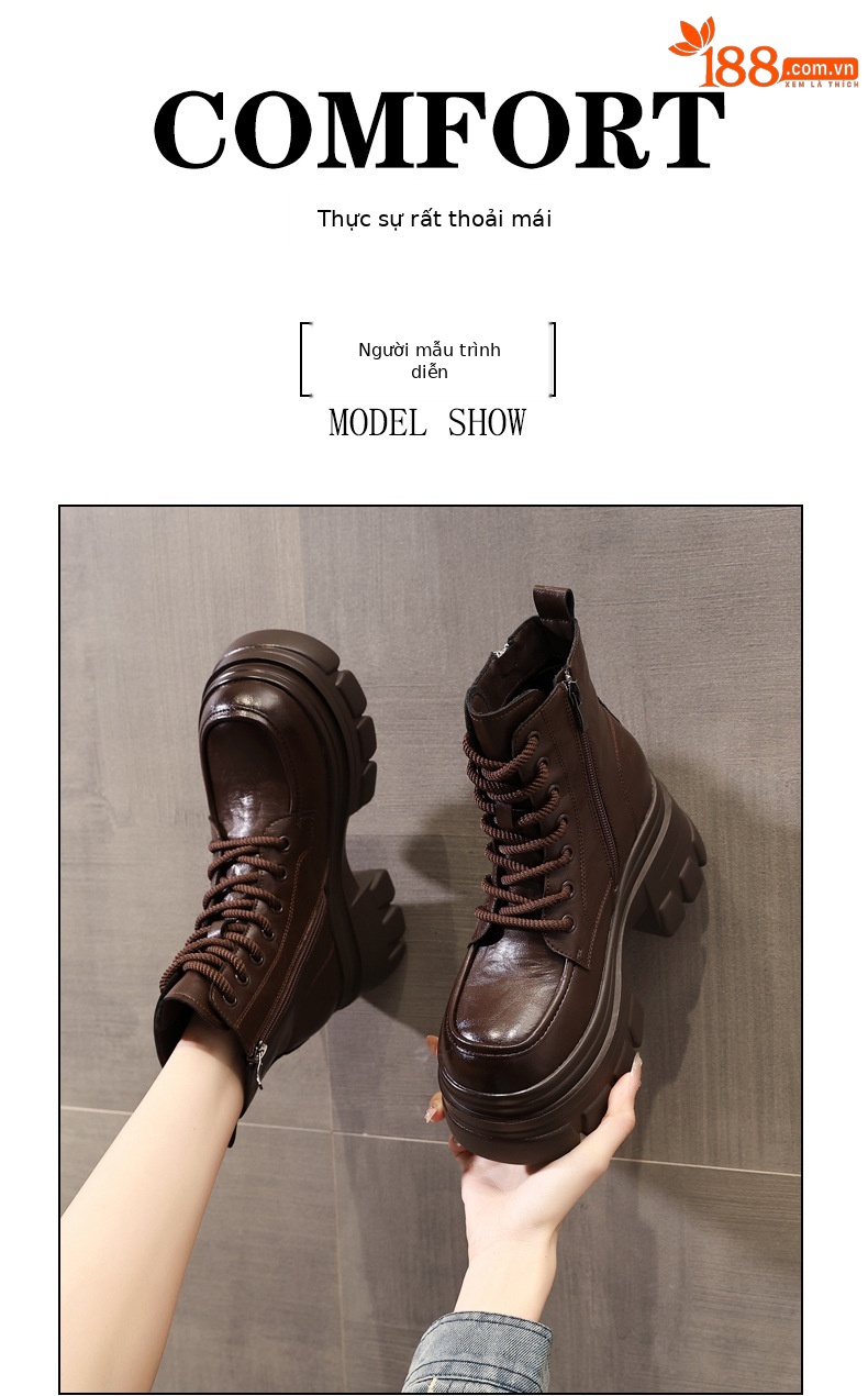 Boot nữ kiểu Anh đế dày nâng chiều cao, cổ ngắn, phong cách retro — Lớp lót nhung đen chi tiết 9