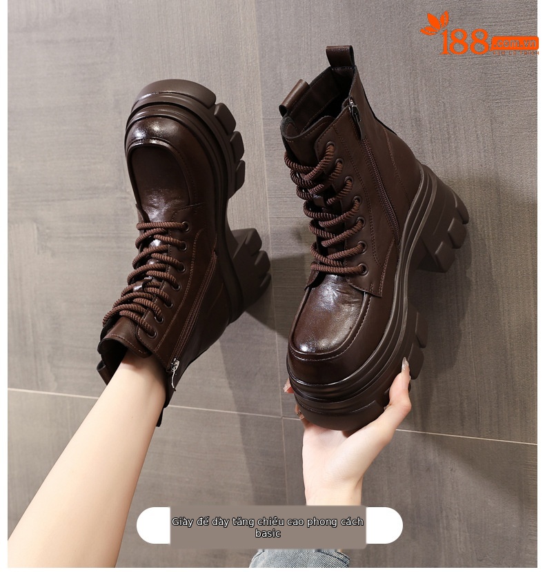 Boot nữ đế dày nâng chiều cao phong cách Anh cổ điển mùa thu đông — Lớp lót nhung đen chi tiết 1