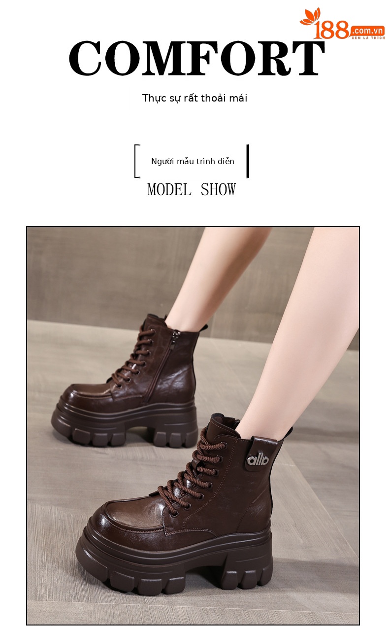 Boot nữ đế dày nâng chiều cao phong cách Anh cổ điển mùa thu đông — Lớp lót nhung đen chi tiết 8