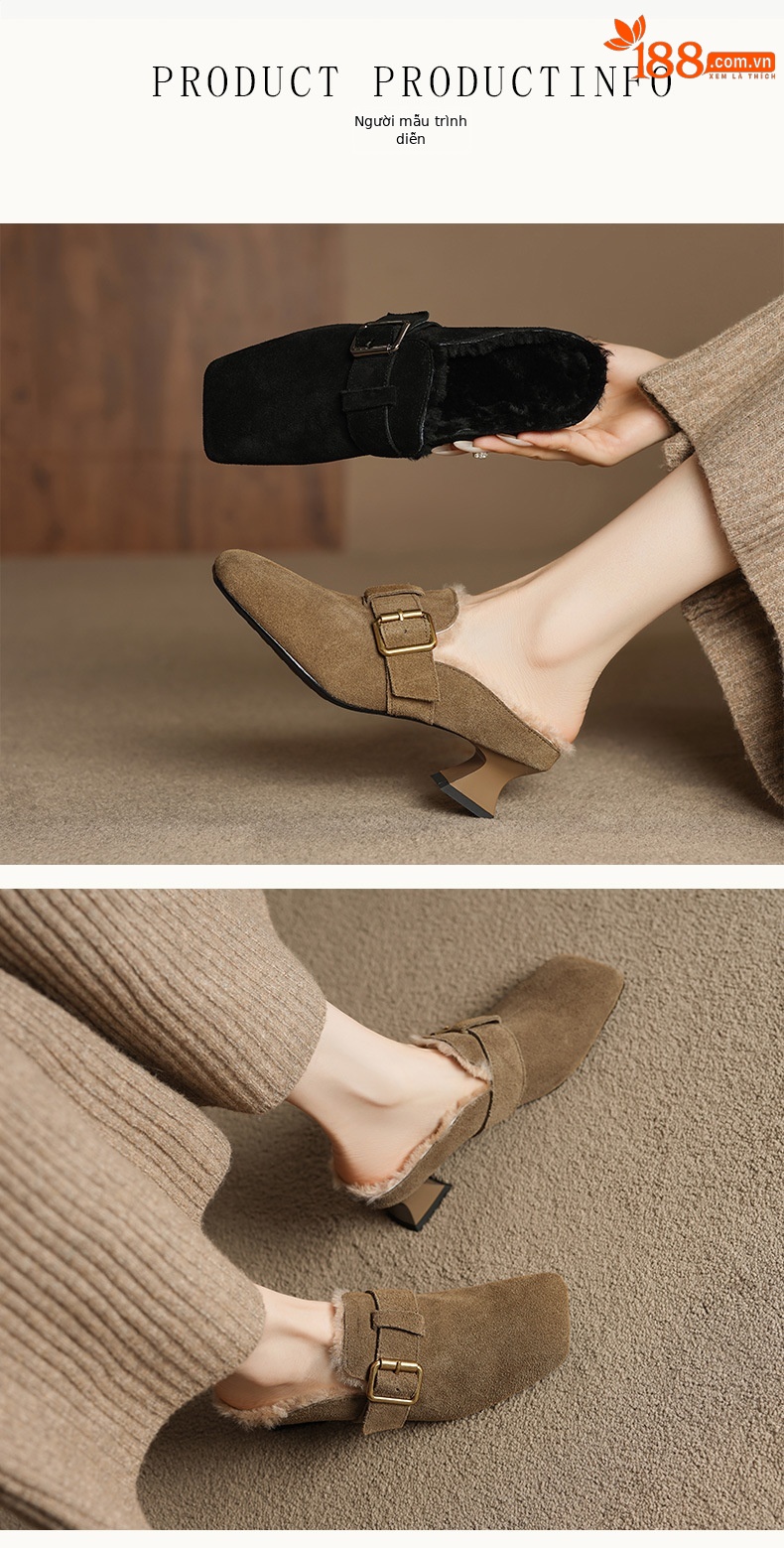 Giày mule nữ mũi vuông lót lông cừu giữ nhiệt, gót thấp — màu đen chi tiết 3