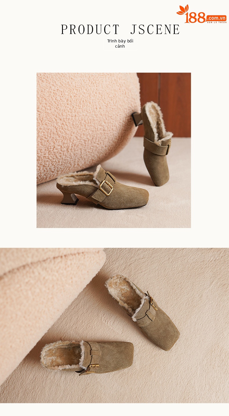 Giày mule nữ mũi vuông lót lông cừu giữ nhiệt, gót thấp — màu đen chi tiết 6