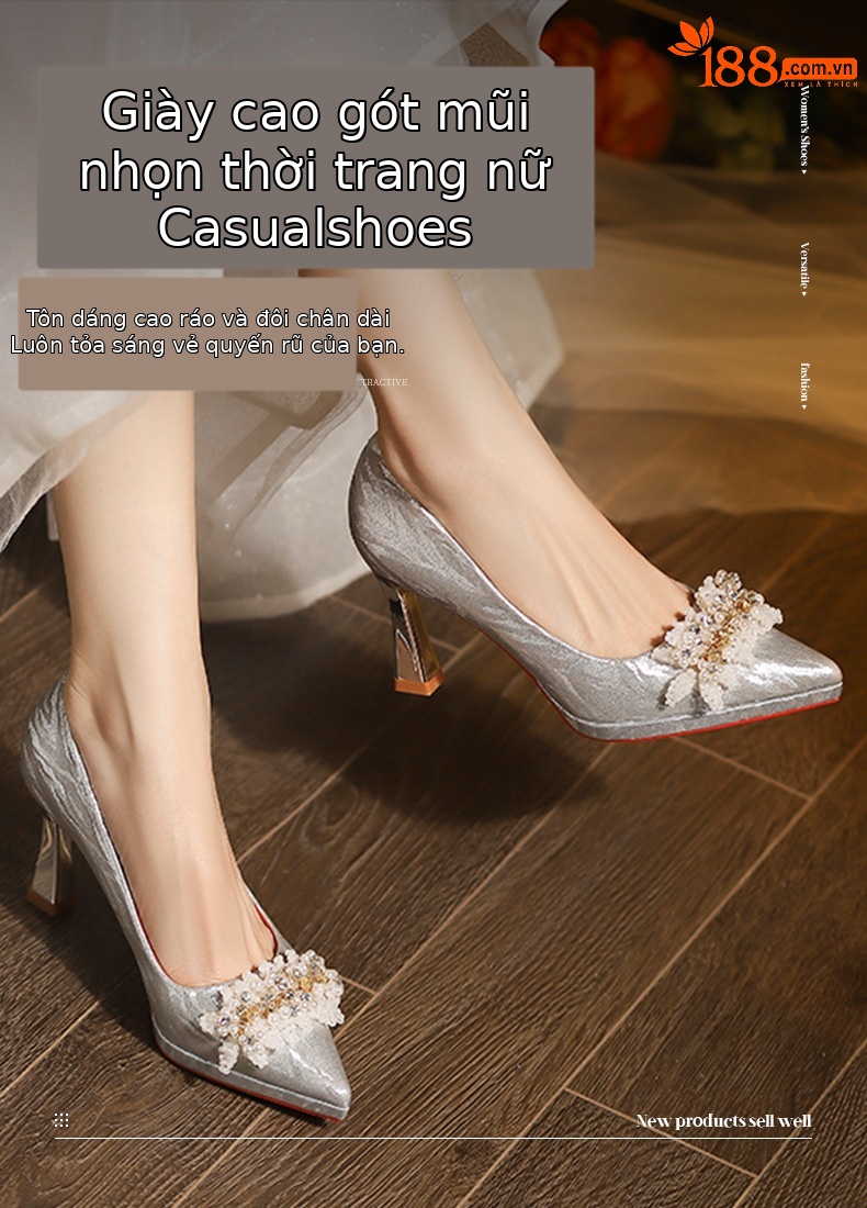 Giày cao gót mũi nhọn stiletto đính ngọc trai hoa quyến rũ, dáng thời thượng — Rượu sâm banh chi tiết 1
