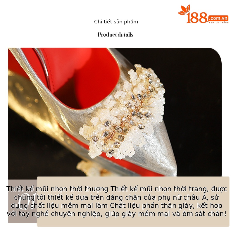 Giày cao gót mũi nhọn stiletto đính ngọc trai hoa quyến rũ, dáng thời thượng — Rượu sâm banh chi tiết 4