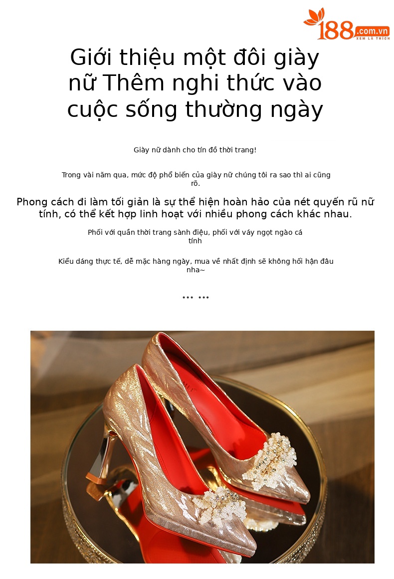 Giày cao gót mũi nhọn stiletto đính ngọc trai hoa quyến rũ, dáng thời thượng — Rượu sâm banh chi tiết 2
