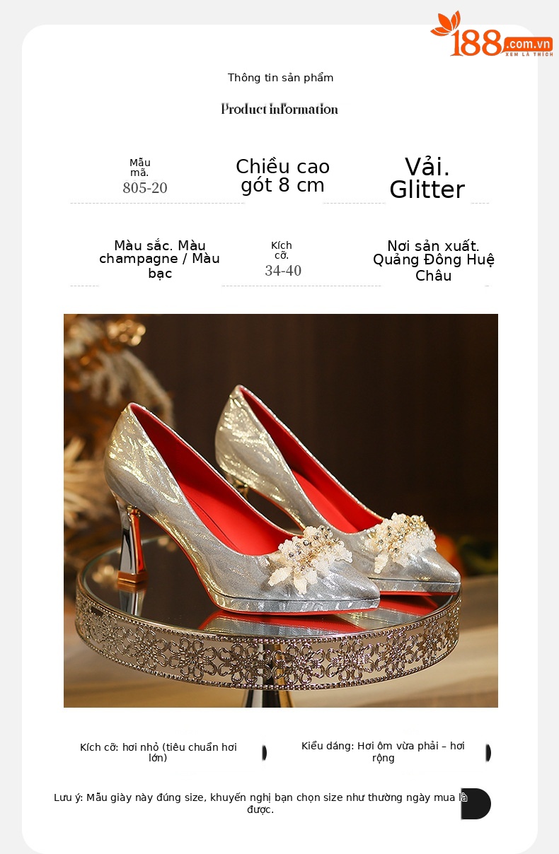 Giày cao gót mũi nhọn stiletto đính ngọc trai hoa quyến rũ, dáng thời thượng — Rượu sâm banh chi tiết 3