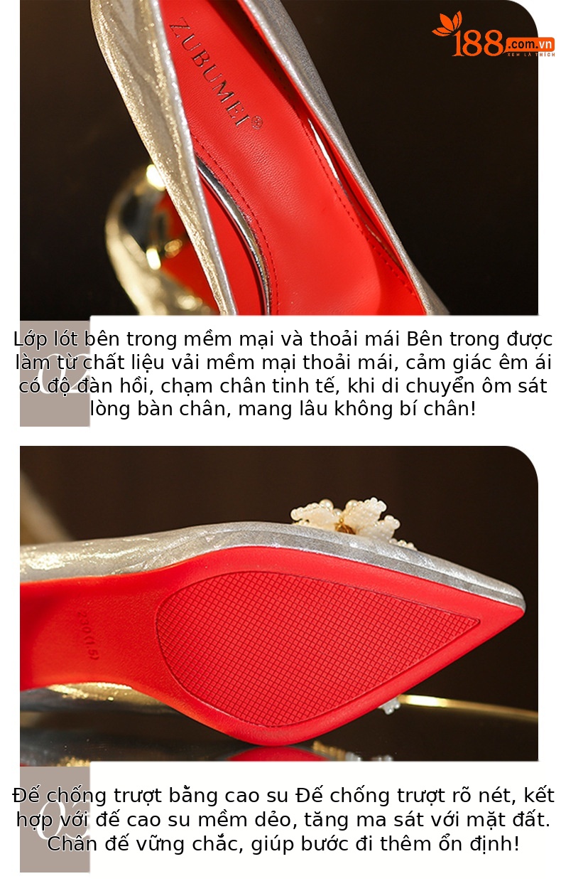 Giày cao gót mũi nhọn stiletto đính ngọc trai hoa quyến rũ, dáng thời thượng — Rượu sâm banh chi tiết 5
