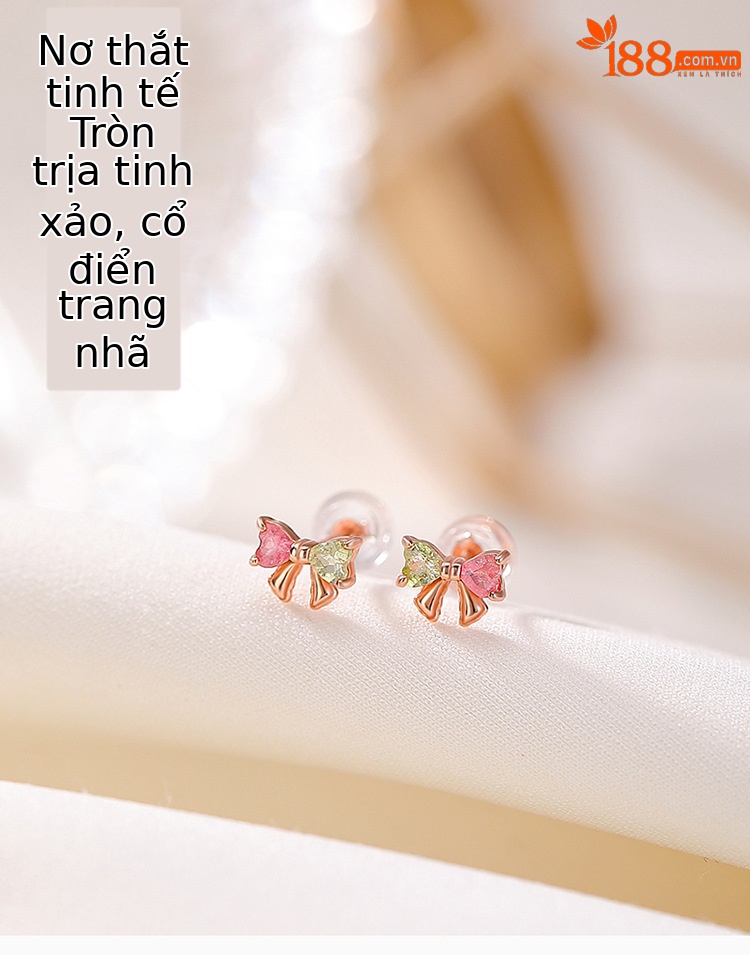 Bông tai bạc S925 mạ vàng hồng đính tourmaline hình nơ ánh sáng — Một cặp (màu tourmaline ngẫu nhiên) chi tiết 1