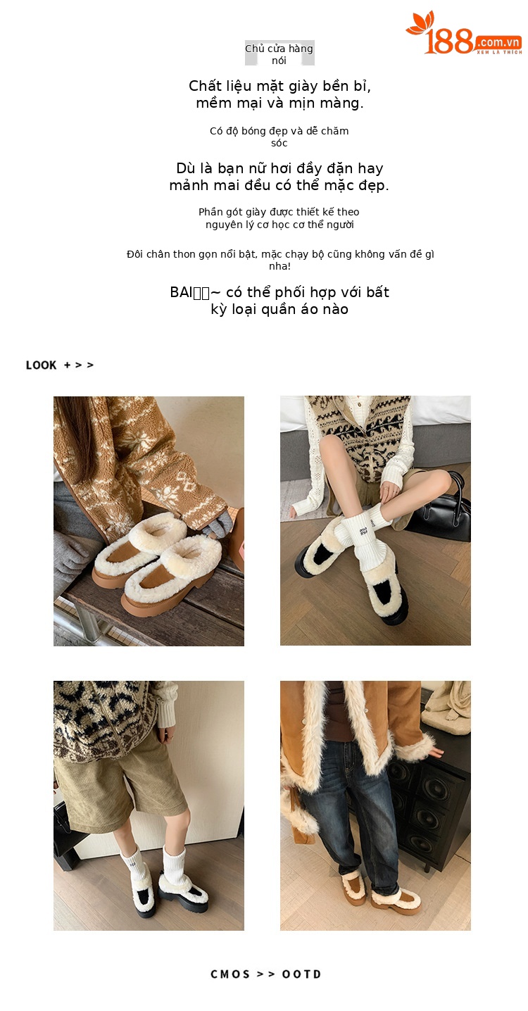 Boot tuyết nữ da cừu một mảnh gót cao lót lông dày giữ ấm — màu nâu chi tiết 3