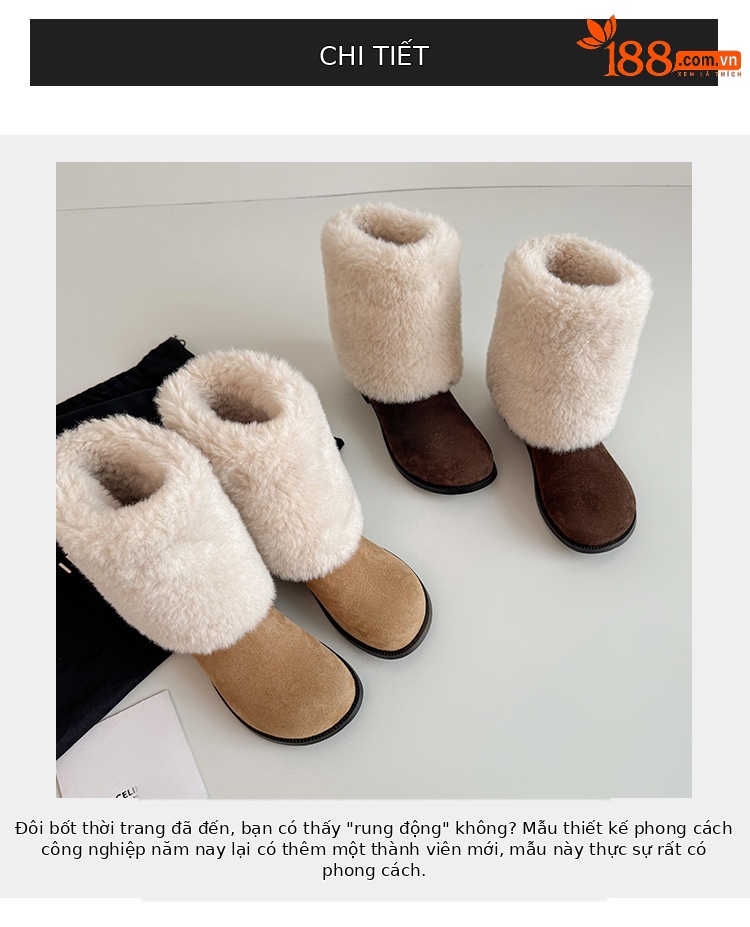 Boot nữ cổ cao lông mềm đế bằng, lót lông cừu dày dặn giữ ấm, kiểu lật cổ — màu nâu chi tiết 5