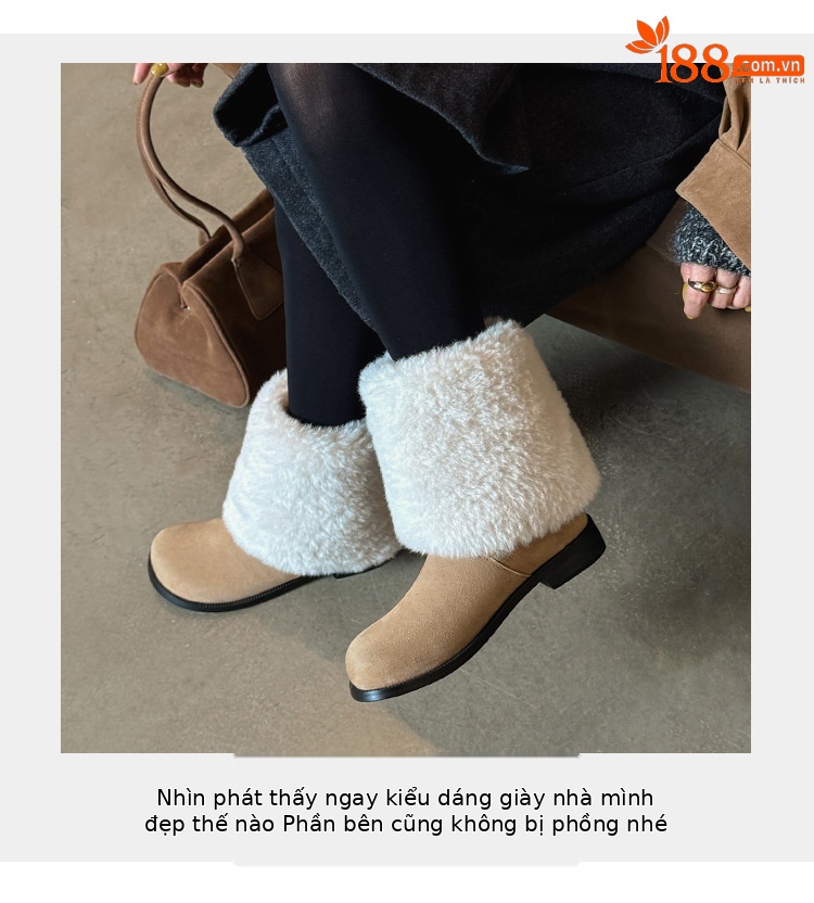 Boot nữ cổ cao lông mềm đế bằng, lót lông cừu dày dặn giữ ấm, kiểu lật cổ — màu nâu chi tiết 7