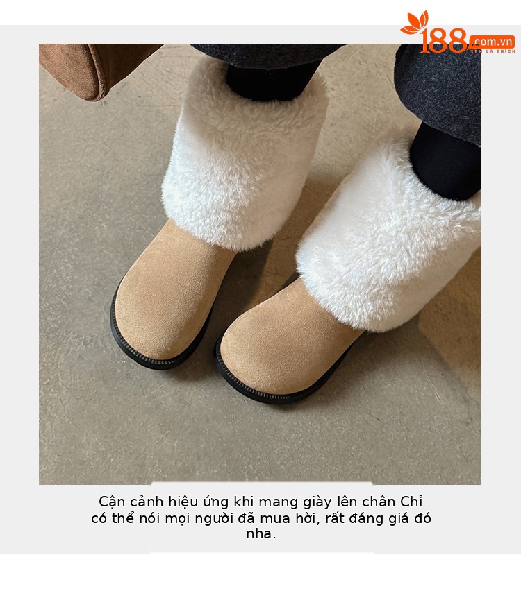 Boot nữ cổ cao lông mềm đế bằng, lót lông cừu dày dặn giữ ấm, kiểu lật cổ — màu nâu chi tiết 8
