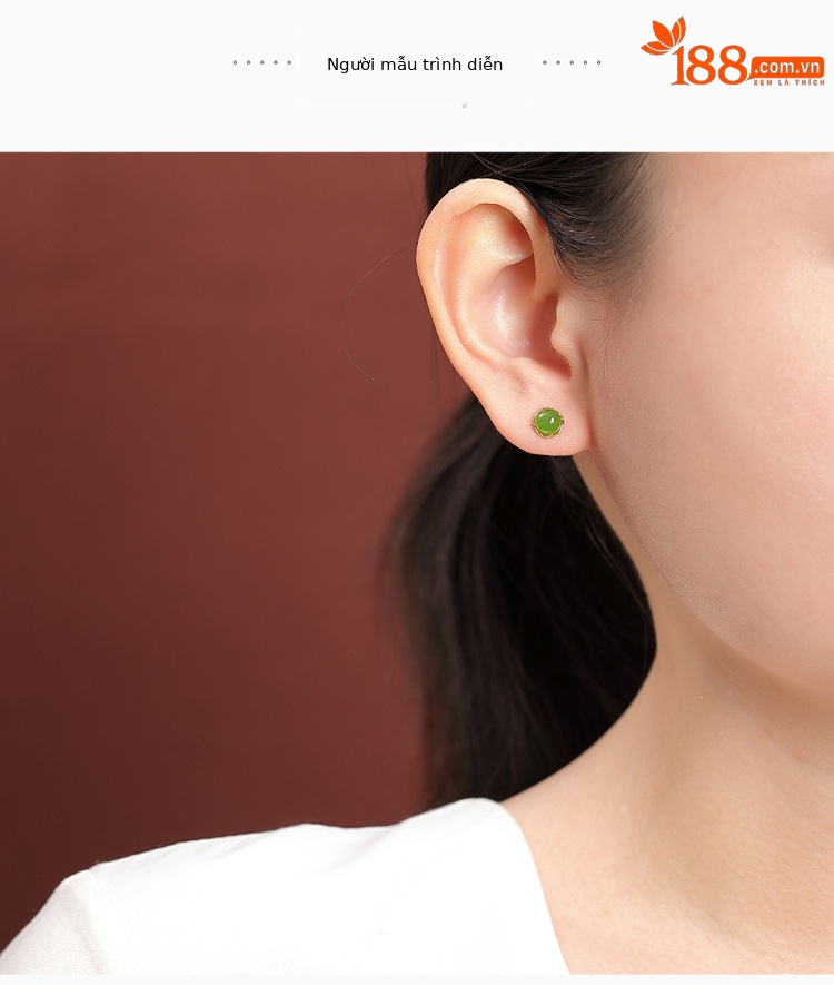 Bông tai bạc S925 mạ vàng hạt ngọc bích Hetian tròn phong cách hình học thanh lịch — Bạc chi tiết 5