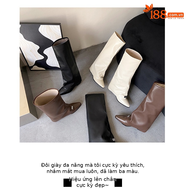 Boot nữ cổ cao mũi nhọn gót dày phong cách phương Tây — Lớp lót nhung đen chi tiết 3
