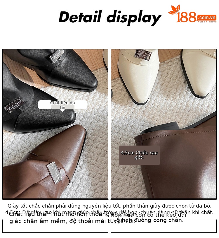 Boot nữ cổ cao mũi nhọn gót dày phong cách phương Tây — Lớp lót nhung đen chi tiết 7