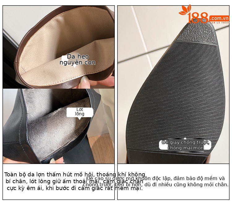 Boot nữ cổ cao mũi nhọn gót dày phong cách phương Tây — Lớp lót nhung đen chi tiết 8
