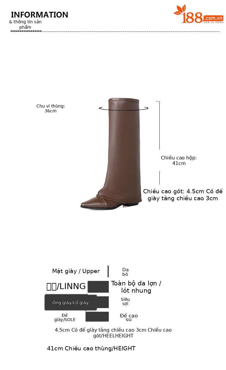 Boot nữ cổ cao mũi nhọn gót dày phong cách phương Tây — Lớp lót nhung đen chi tiết 5