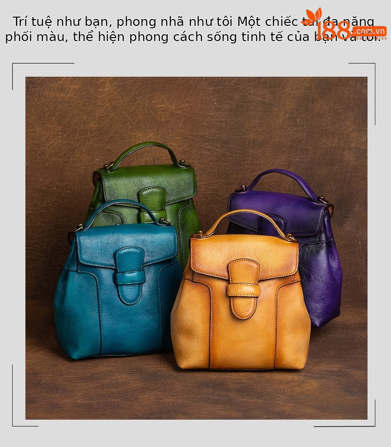 Ba lô đeo vai nữ da bò nguyên tấm phong cách cổ điển, tô màu thủ công, kích thước 19×9×26 cm — màu xanh cổ điển chi tiết 3