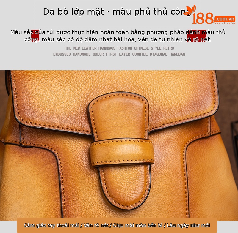 Ba lô đeo vai nữ da bò nguyên tấm phong cách cổ điển, tô màu thủ công, kích thước 19×9×26 cm — màu xanh cổ điển chi tiết 5