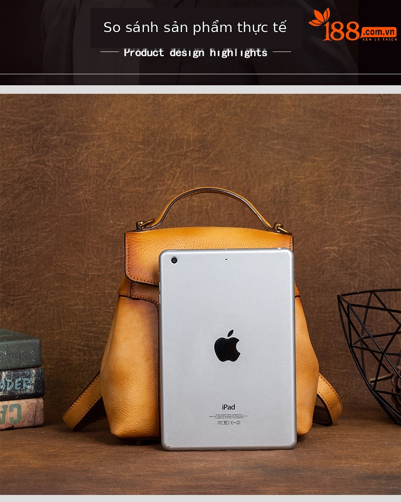 Ba lô đeo vai nữ da bò nguyên tấm phong cách cổ điển, tô màu thủ công, kích thước 19×9×26 cm — màu xanh cổ điển chi tiết 7
