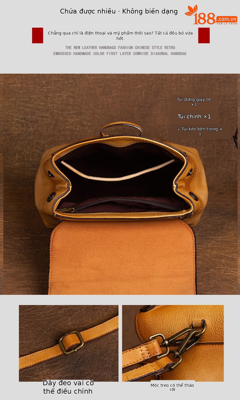 Ba lô đeo vai nữ da bò nguyên tấm phong cách cổ điển, tô màu thủ công, kích thước 19×9×26 cm — màu xanh cổ điển chi tiết 4