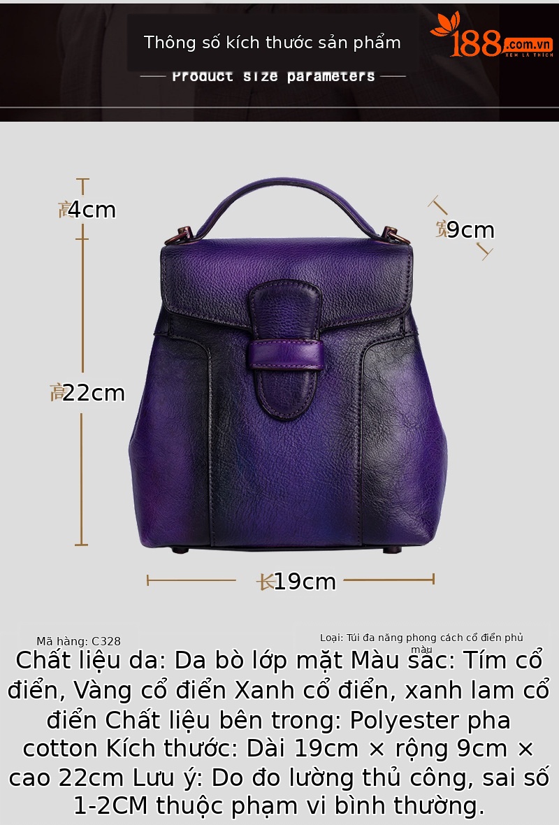 Ba lô đeo vai nữ da bò nguyên tấm phong cách cổ điển, tô màu thủ công, kích thước 19×9×26 cm — màu xanh cổ điển chi tiết 8