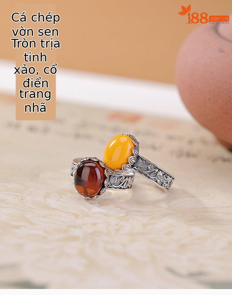 Nhẫn bạc S925 đính cabochon hổ phách máu hình cá chép sen phong cách vintage dân tộc — Mô hình sáp ong chi tiết 1