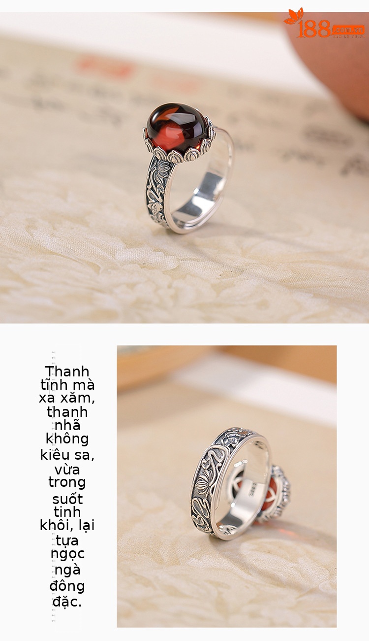 Nhẫn bạc S925 đính cabochon hổ phách máu hình cá chép sen phong cách vintage dân tộc — Mô hình sáp ong chi tiết 3