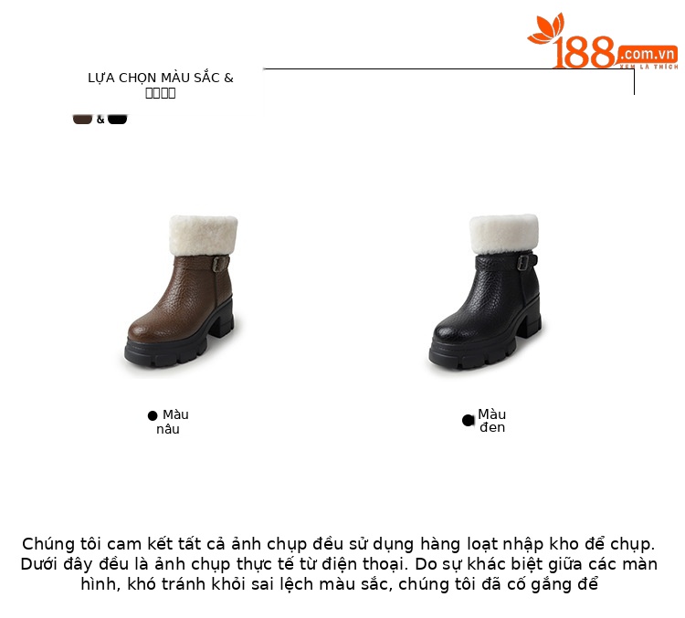 Boot tuyết nữ da thật cổ ngắn lót lông cừu, đế dày khóa thắt lưng gót vuông — màu nâu chi tiết 2
