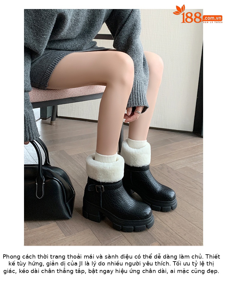 Boot tuyết nữ da thật cổ ngắn lót lông cừu, đế dày khóa thắt lưng gót vuông — màu nâu chi tiết 3