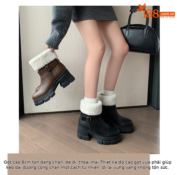 Boot tuyết nữ da thật cổ ngắn lót lông cừu, đế dày khóa thắt lưng gót vuông — màu nâu chi tiết 6