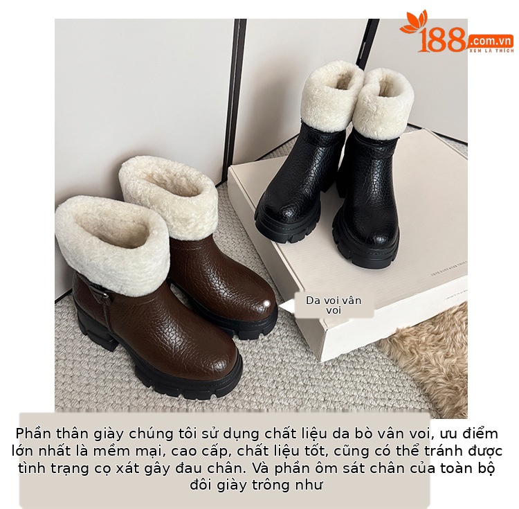 Boot tuyết nữ da thật cổ ngắn lót lông cừu, đế dày khóa thắt lưng gót vuông — màu nâu chi tiết 7
