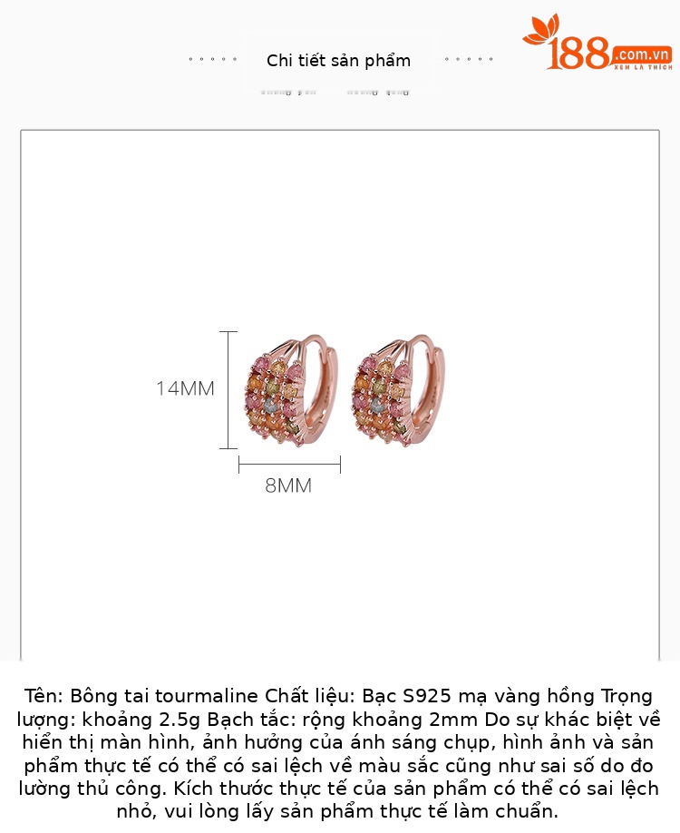 Bông tai bạc S925 mạ vàng hồng đính tourmaline đơn giản tinh tế — Một cặp (màu tourmaline ngẫu nhiên) chi tiết 2