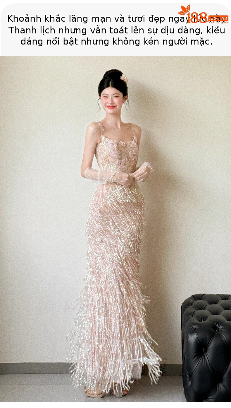 Đầm dạ hội maxi không dây thiết kế tua rua, phù hợp dự tiệc cưới và dẫn chương trình — Màu sắc hình ảnh chi tiết 6