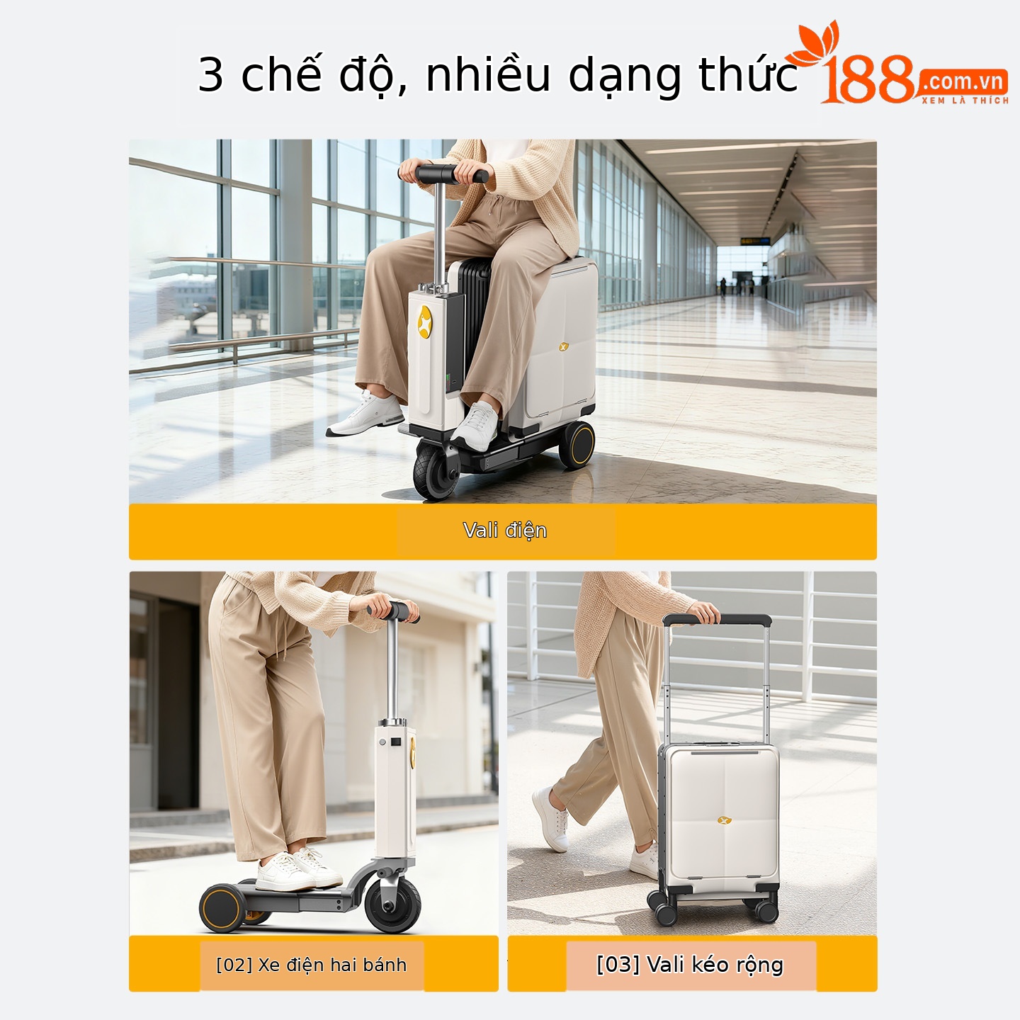 Vali điện đa năng ba trong một Mango Bird thông minh, mở rộng một chạm, tay kéo rộng, size cabin 20 inch (40×25×57 cm) — Màu trắng nhạt