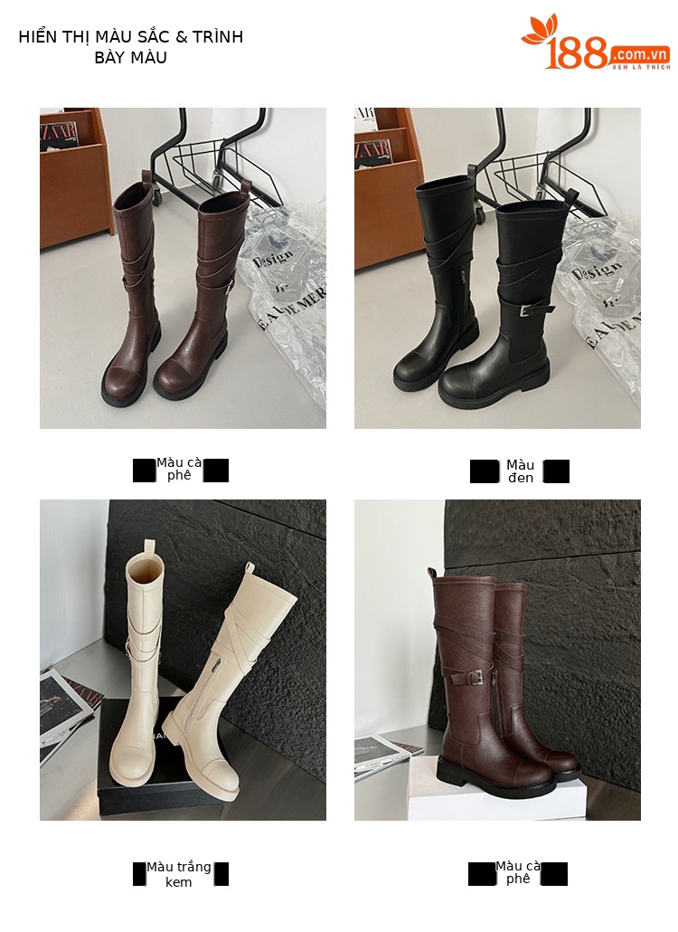 Boot nữ mũi tròn cao gót đế dày phong cách hiệp sĩ có khóa thắt lưng — Lớp lót nhung đen chi tiết 4