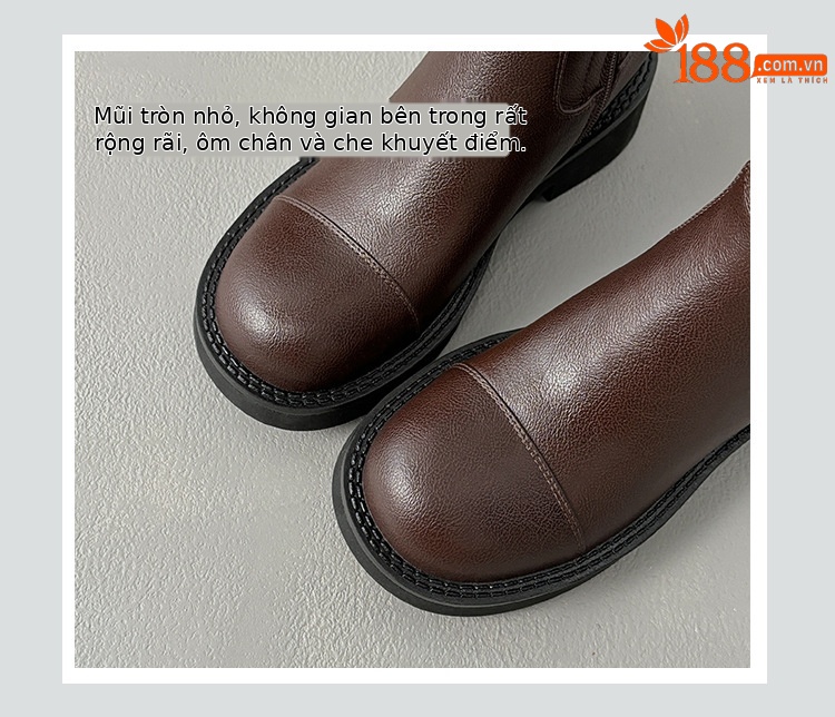 Boot nữ mũi tròn cao gót đế dày phong cách hiệp sĩ có khóa thắt lưng — Lớp lót nhung đen chi tiết 5