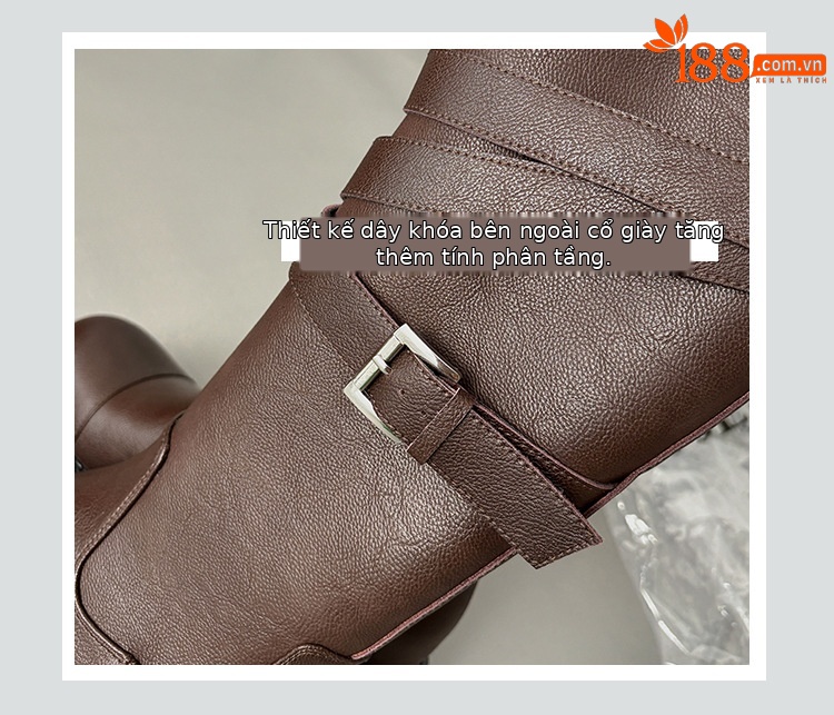 Boot nữ mũi tròn cao gót đế dày phong cách hiệp sĩ có khóa thắt lưng — Lớp lót nhung đen chi tiết 6