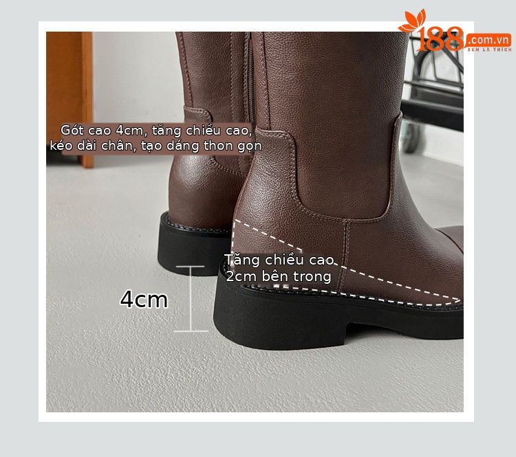 Boot nữ mũi tròn cao gót đế dày phong cách hiệp sĩ có khóa thắt lưng — Lớp lót nhung đen chi tiết 8