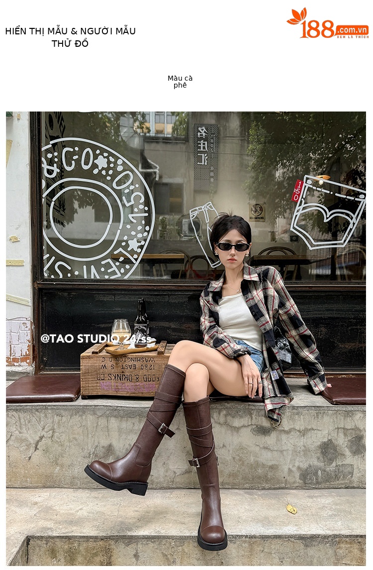 Boot nữ mũi tròn cao gót đế dày phong cách hiệp sĩ có khóa thắt lưng — Lớp lót nhung đen chi tiết 9