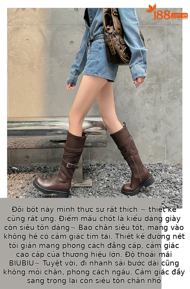 Boot nữ mũi tròn cao gót đế dày phong cách hiệp sĩ có khóa thắt lưng — Lớp lót nhung đen chi tiết 2