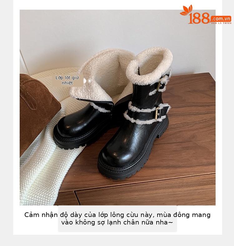 Boot tuyết nữ cổ thấp đế dày phong cách Anh, có khóa thắt lưng, lót lông ấm — màu đen chi tiết 6