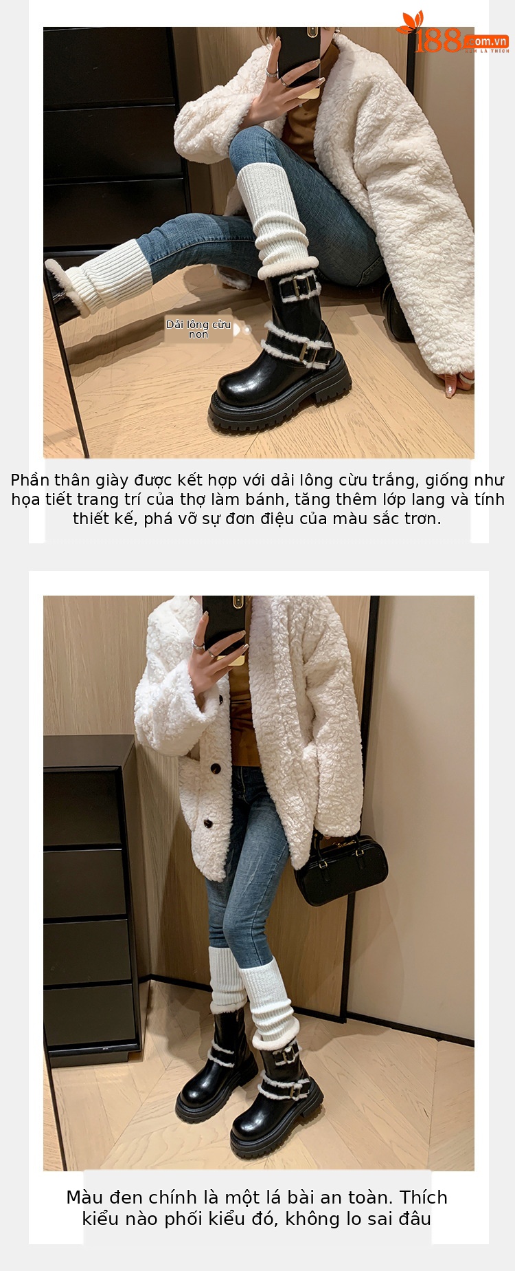 Boot tuyết nữ cổ thấp đế dày phong cách Anh, có khóa thắt lưng, lót lông ấm — màu đen chi tiết 7